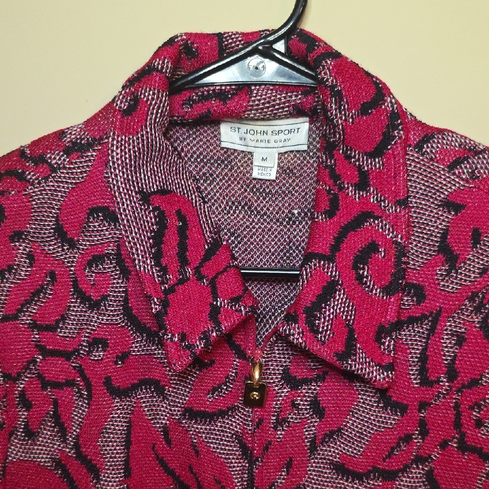 St. John Sport By Marie Gray Zip Up Knit Fuchia Black Floral Jacket Women M